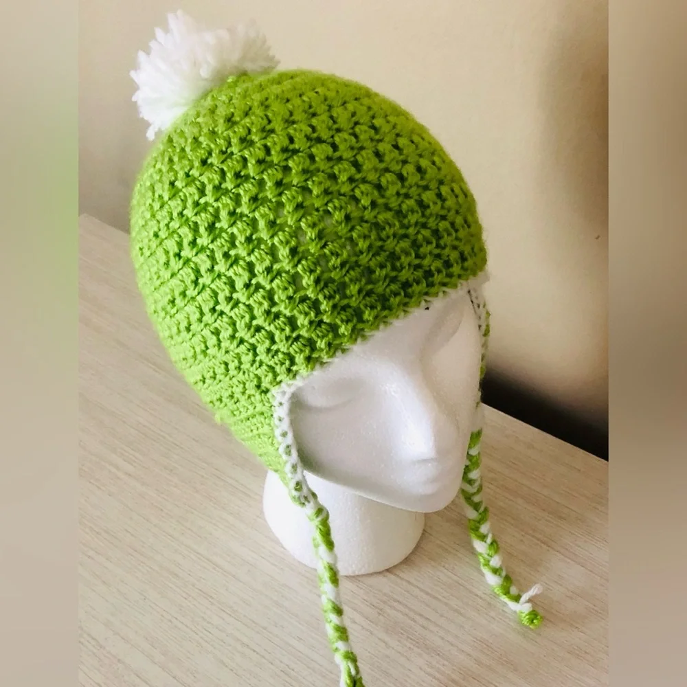 Handmade Green‎ Crochet Earflap Hat with White Pom-Pom Beanie Child Size